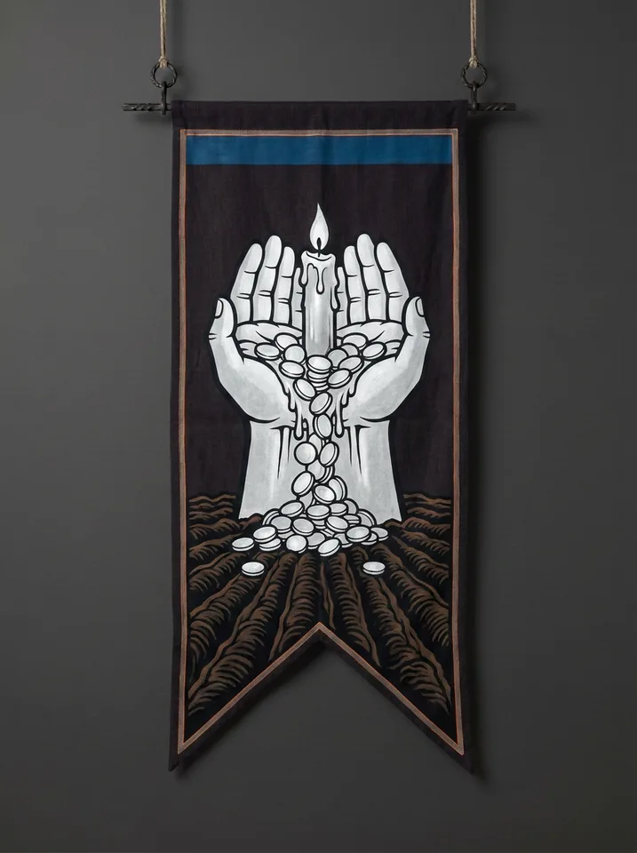 The banner of Faenlorn: A pair of cupped hands rising out of dark tilled loam, holding one lit candle whose melting wax runs down as bright silver coins.