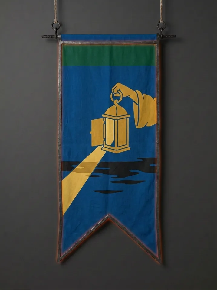 The banner of Vaethril: A hooded lantern held out over a river ford at dusk, a single shutter open, throwing one narrow blade of light across black water.
