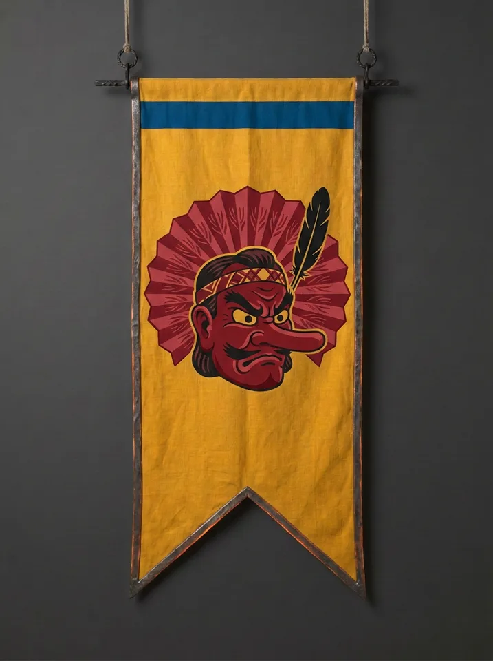 The banner of Ashinoha: A long-nosed tengu mask, a folded paper fan opened behind it like a halo, one crow feather threaded through the fan's ribs.