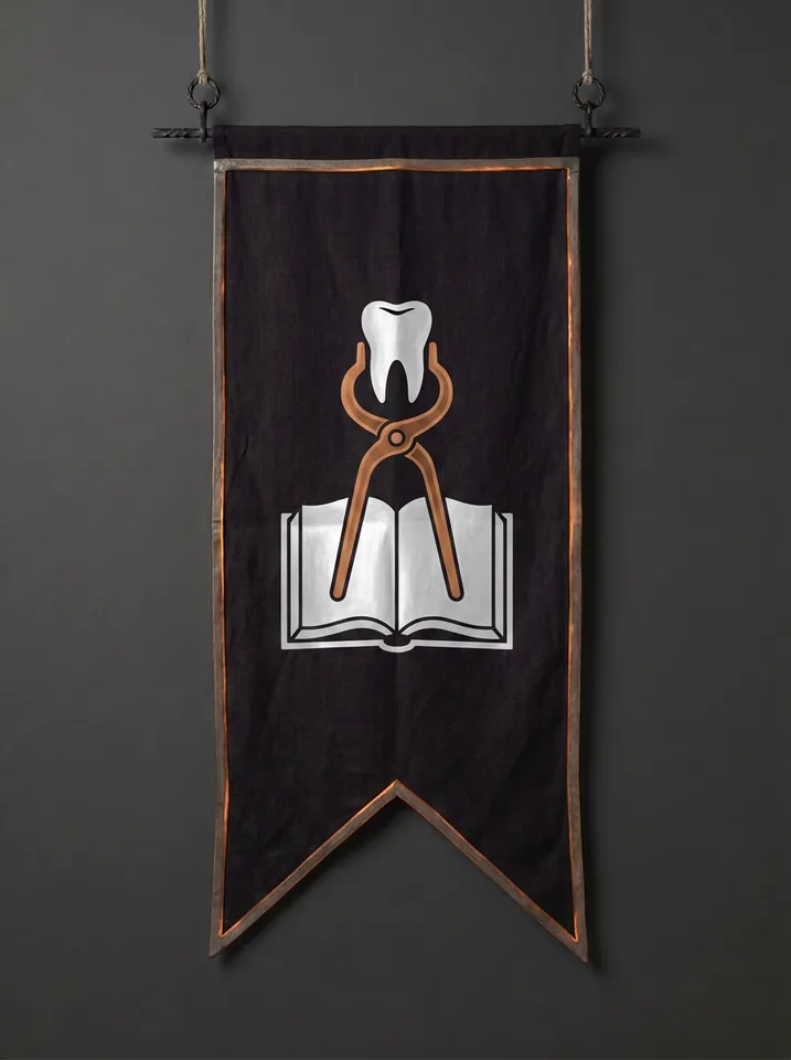 The banner of Talionwe: A single copper tooth gripped in a pair of bronze tongs, held above an open book of law whose page has been folded once, deliberately.