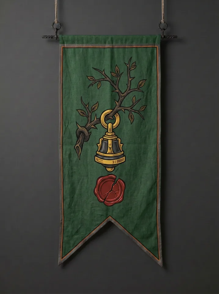 The banner of Ancarien: A blackthorn branch grown straight through the eye of a hanging iron seal-matrix, the wax impression below it cracked across.