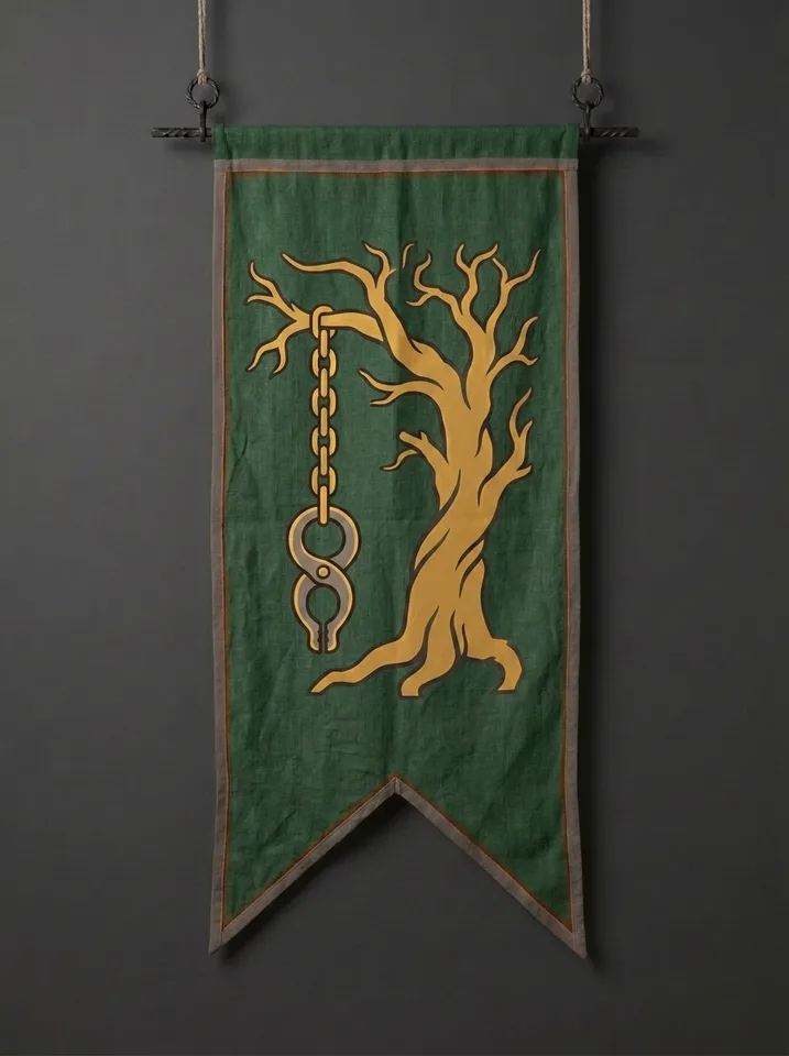 The banner of Duskenmoor: A lone gallows tree hung with an iron chain instead of a rope, a smith's tongs closed around the chain's last link.