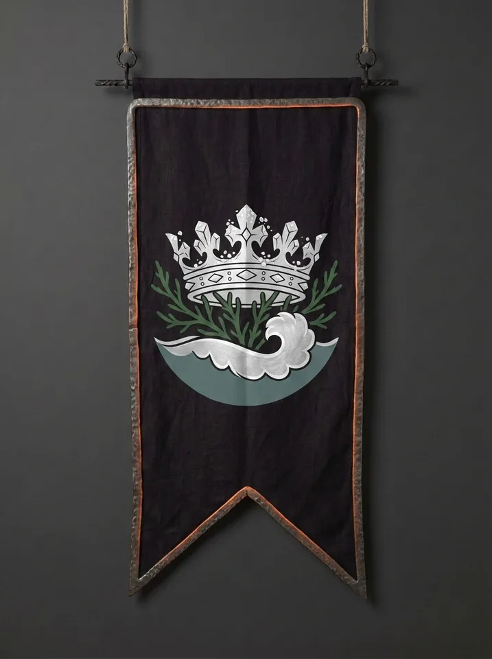 The banner of Thalassil: A salt-crusted crown resting on a bed of samphire, half submerged in still tidal water, one scalloped wave curling beneath it.