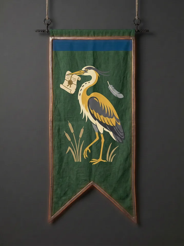 The banner of Ashcrole: A grey heron standing among reeds with a wax-sealed writ folded in its beak, one ash-grey feather falling past it.