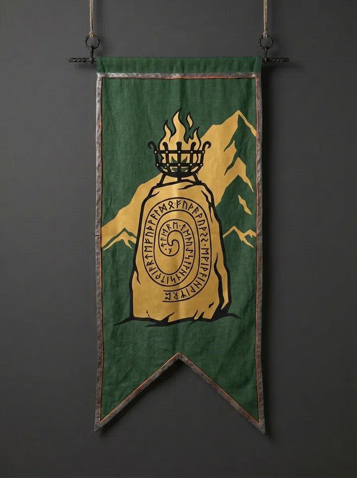 The banner of Stonewrit: A standing stone incised with a deep spiral of runes, a beacon burning in an iron basket on top of it, a mountain shoulder behind.