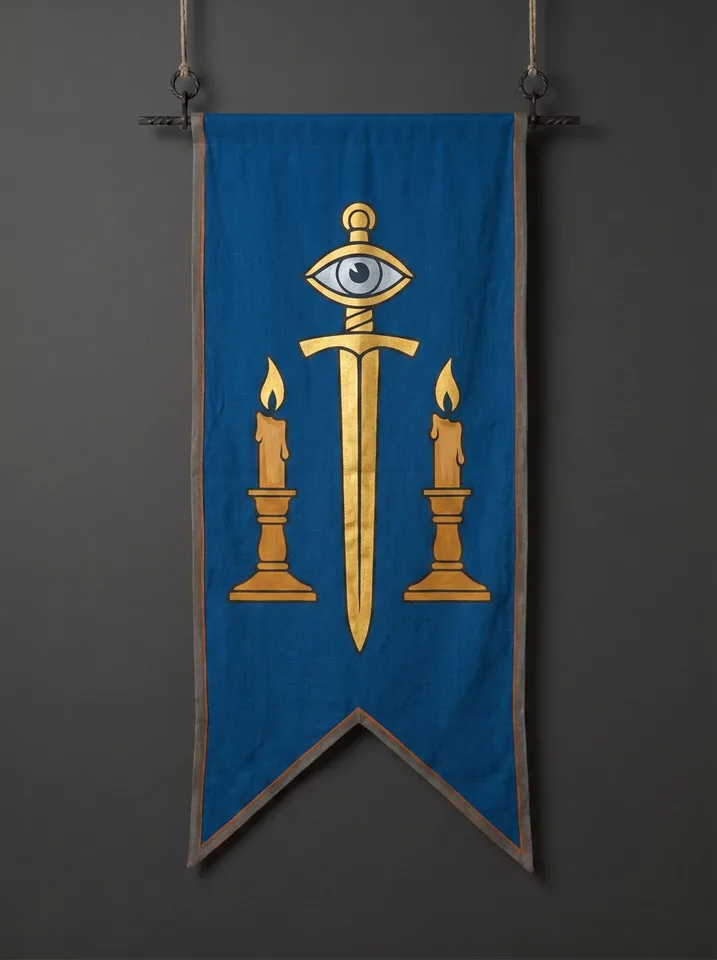 The banner of Isperil: An unblinking silver eye set into the pommel of an upright unsheathed sword, a burning taper on either side, both burned down to exactly the same length.