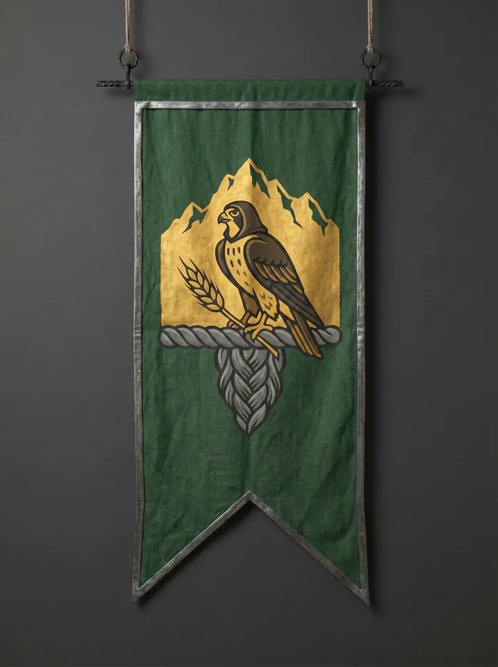 The banner of Falkbeard: A hooded falcon perched on a thick grey beard-plait coiled like ship's rope, a single ear of rye held in its talons, a mountain behind.
