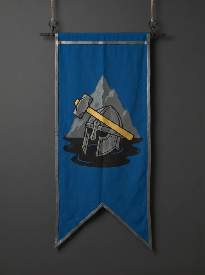 The banner of Grimhaldr: A grim iron war-helm half sunk in black pitch, a smith's hammer laid across its brow, a mountain peak behind.