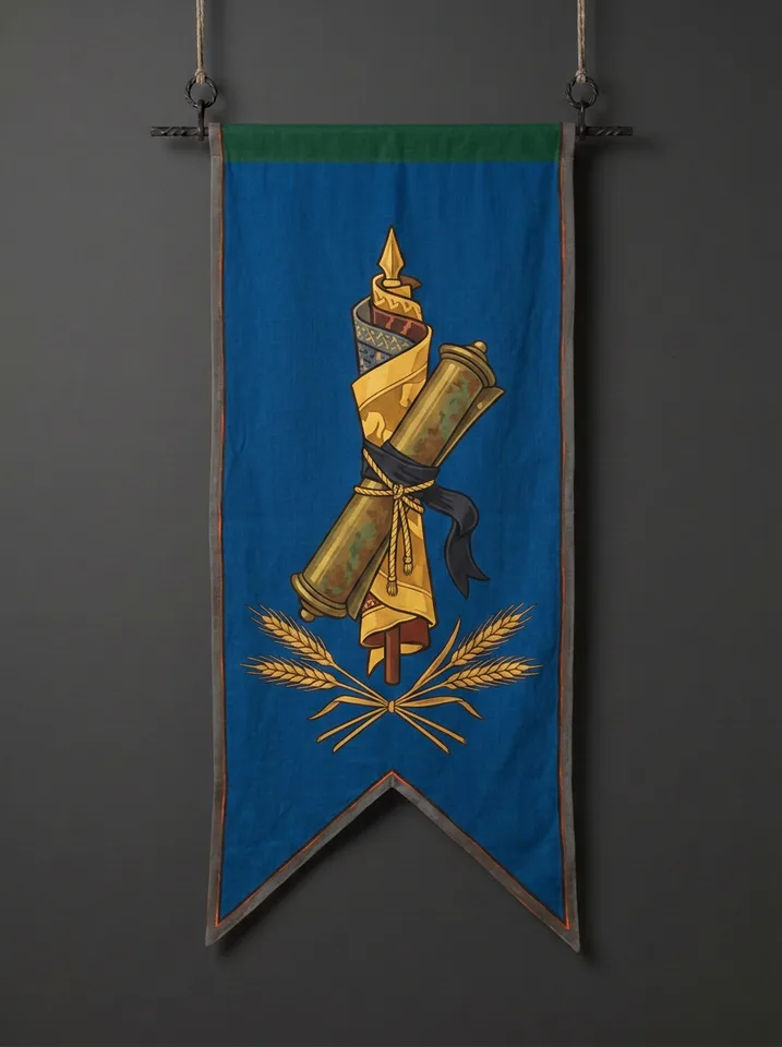 The banner of Sorrenmark: A furled war-banner wrapped tightly around a scholar's brass scroll-case, the two bound together by one black mourning ribbon, crossed rye stalks below.