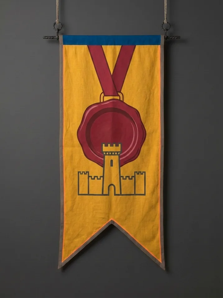 The banner of Wexhollow: A great pendant wax seal hanging from a ribbon, the face of the seal hollowed out into an empty cup, a watchtower reflected in the wax.