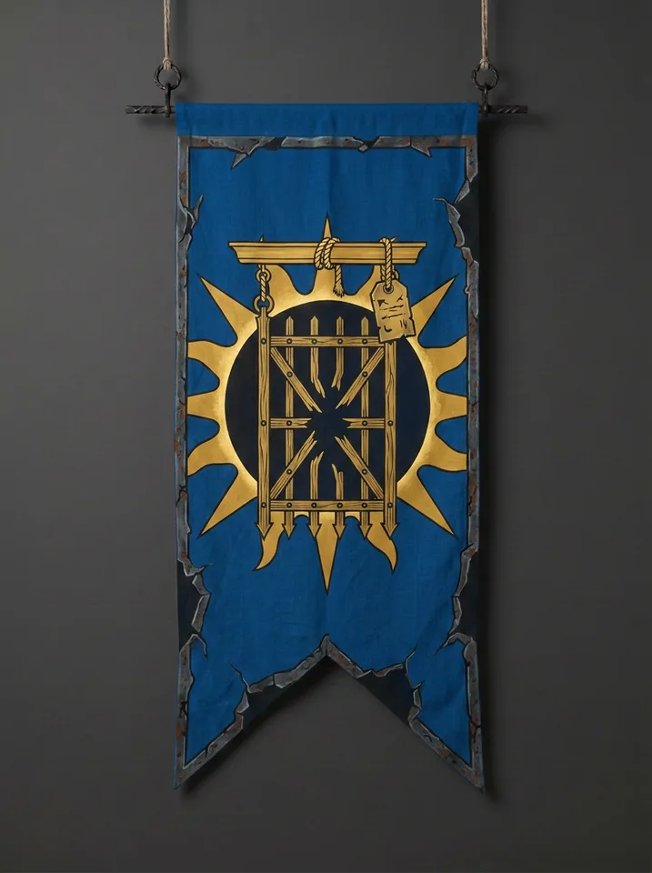 The banner of Solmiryn: A sun in total eclipse behind a gate of yew, the gate's bars broken outward, a severed cord with a licence still attached hanging from the lintel.