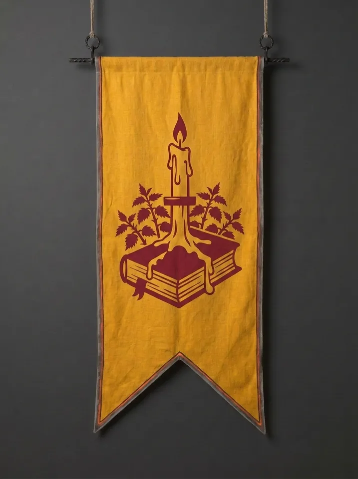 The banner of Ostwyck: A guttering altar candle standing in a bed of nettles, its wax running down over the cover of a closed statute-book.