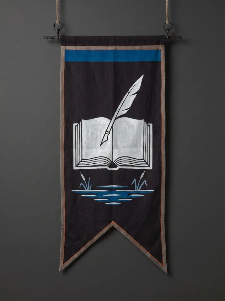 The banner of Ordwaine: An open codex resting a hand's breadth above still fen water, a single reed pen standing upright on the page and writing by itself.