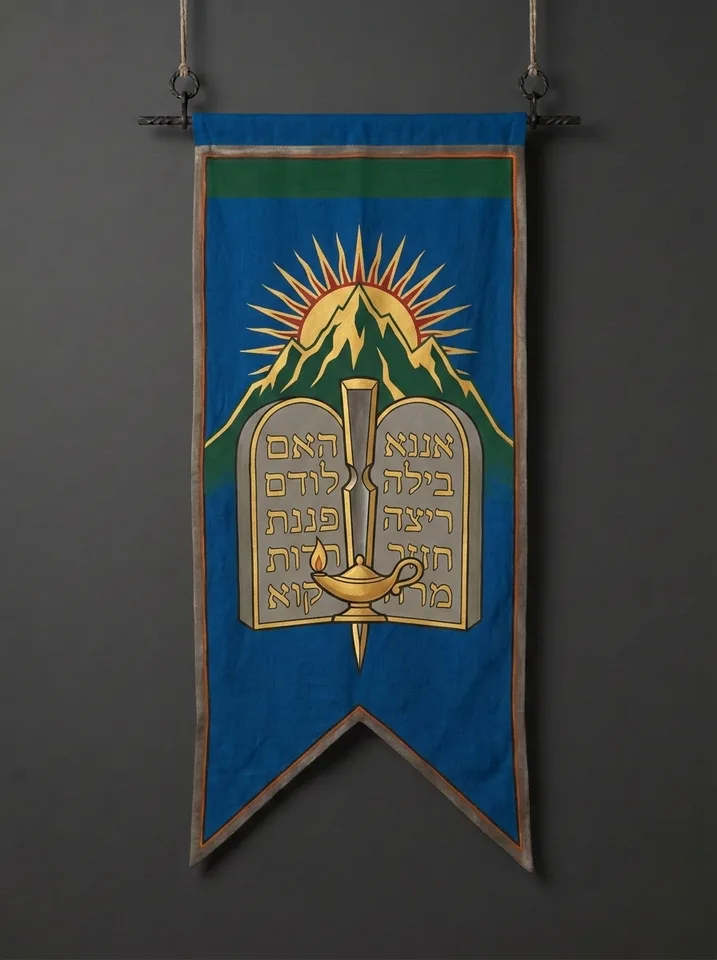 The banner of Steinvald: A stone tablet of law split cleanly down the middle by a mason's chisel, a votive lamp burning in the gap between the halves, a mountain behind.