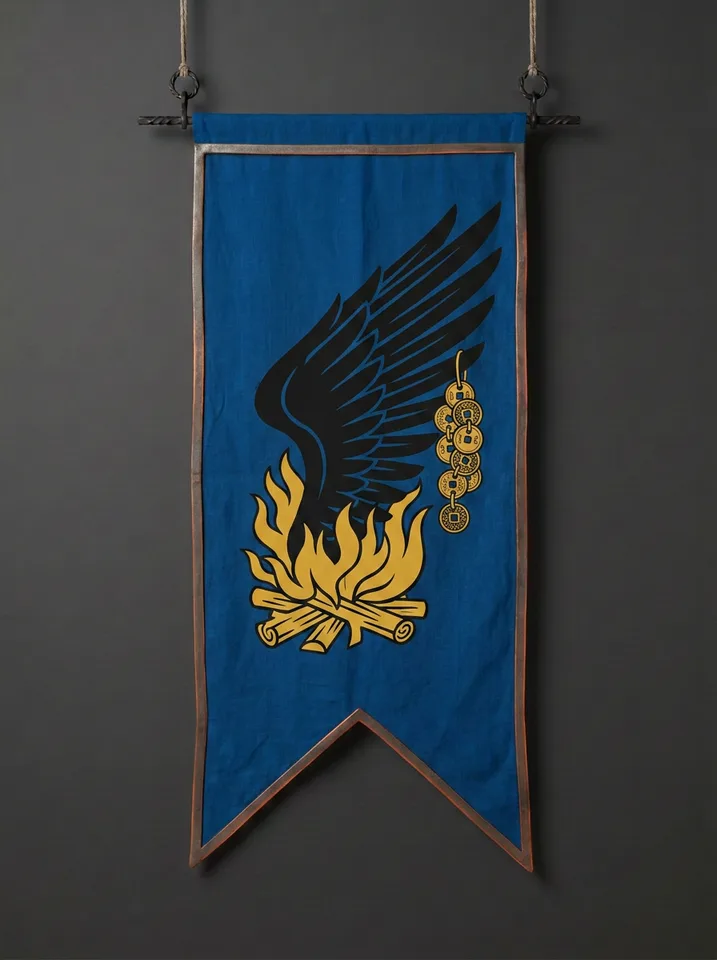 The banner of Kurohane: One great black wing outstretched across a frontier watch-fire, a string of pierced coins hanging from the wing's leading edge.