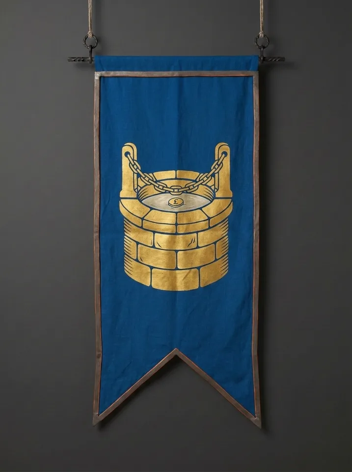 The banner of Vaskaryn: A stone well-head with a heavy toll-chain drawn across its mouth, a single coin frozen into the ice on the water below.