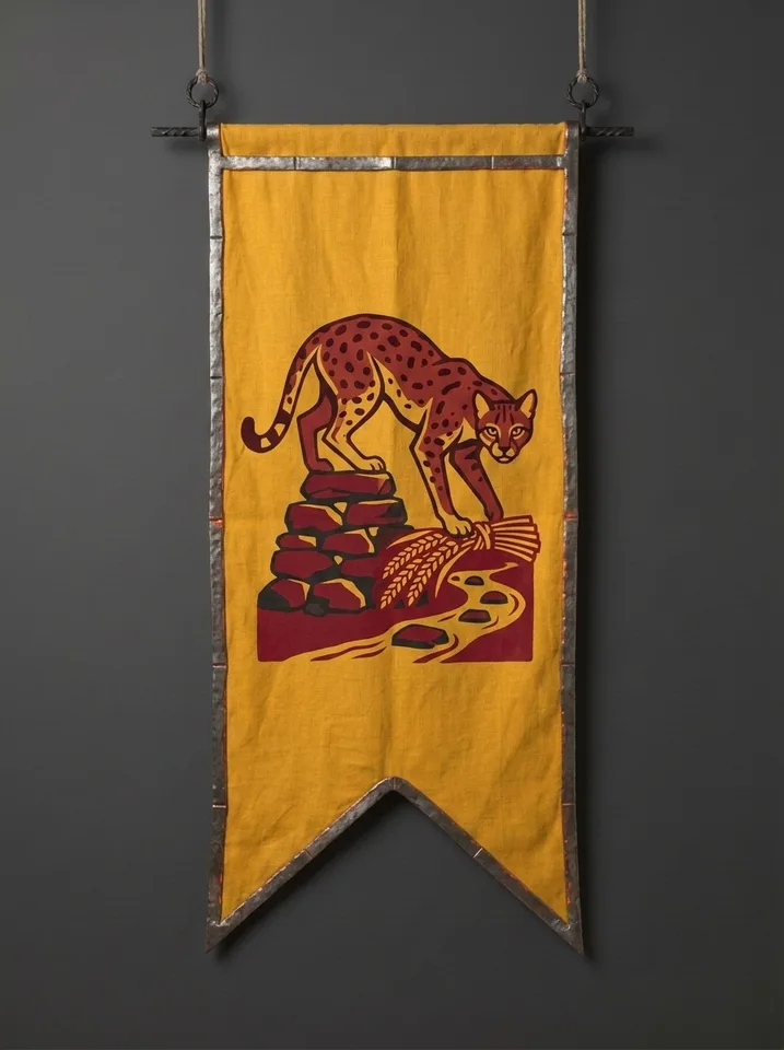 The banner of Pardahni: A lean spotted desert cat crouched on a boundary cairn beside a river crossing, a sheaf of millet crushed flat under one paw.