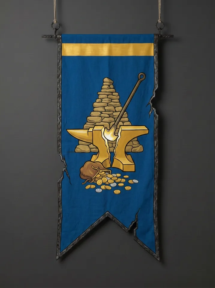 The banner of Anvilbrand: An anvil split in two by a branding iron still glowing white at the tip, a burst purse spilling coins at its foot, a high stone cairn behind.