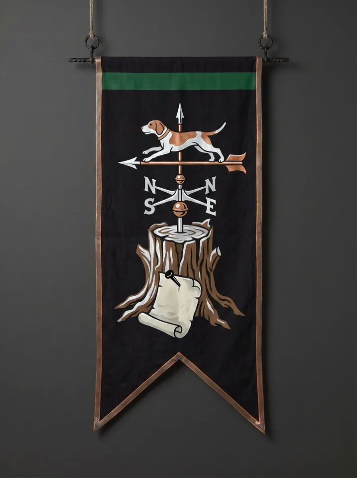 The banner of Maeryvane: A weathervane shaped like a running hound mounted on an ancient oak stump, a sealed contract nailed to the stump with one black pin.