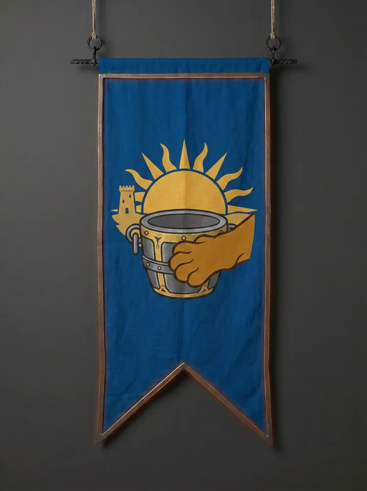 The banner of Sekhemra: A rising sun-disc behind a smith's crucible, a lioness's paw pressed against the crucible's lip, a desert watchtower far beyond.