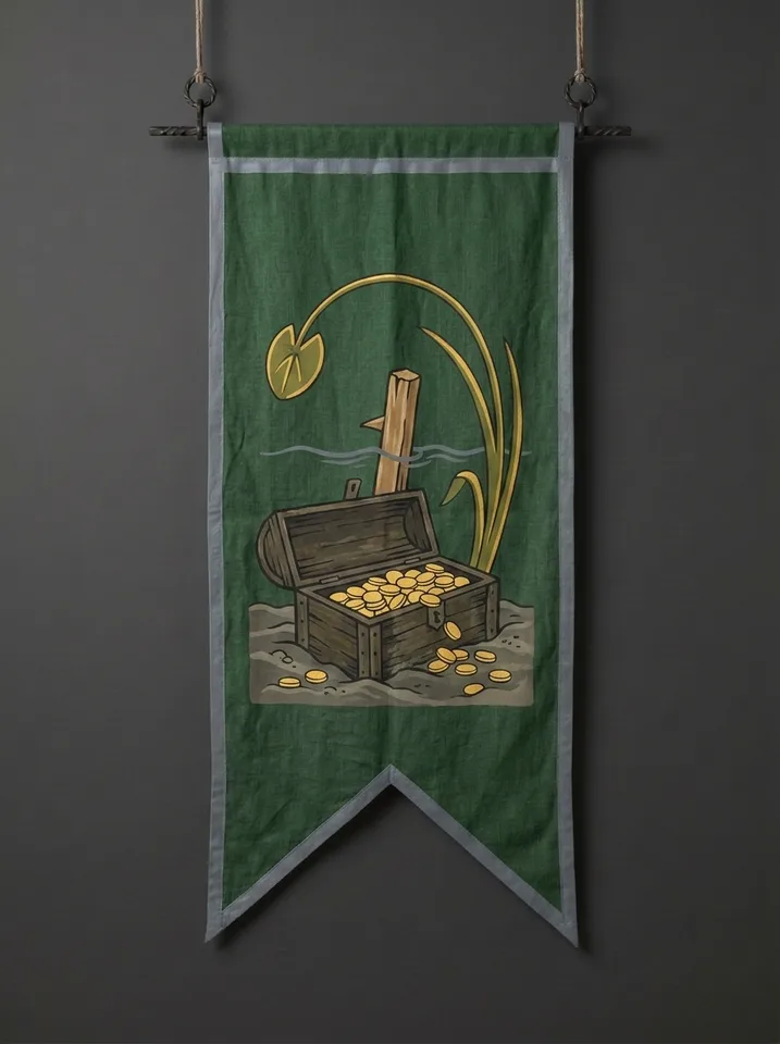 The banner of Malgareth: A drowned strongbox lying open on a lake bed with coins spilling into the silt, a leaning boundary post standing in the water above it.
