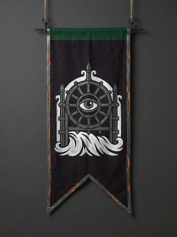 The banner of Quorravel: A tide-gate of black iron raised halfway, one lidless eye set into the gate's wheel, brine pouring through the gap, a wave-crest below.