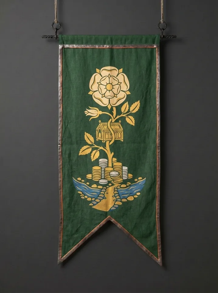 The banner of Vantrose: A pale rose growing directly out of a stack of coins, its stem wound around a small reliquary, a steep river ford below.