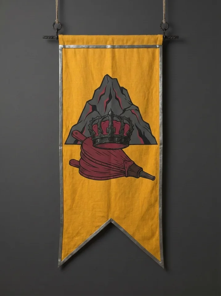 The banner of Thurmgrim: A forge-bellows gone slack and cold, a coal-black crown resting on it where the fire should be, a mountain behind.