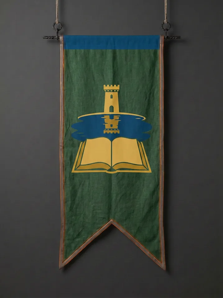 The banner of Thelanor: An open book resting on the bed of a still clear pool, a watchtower's reflection lying unbroken on the surface above it.