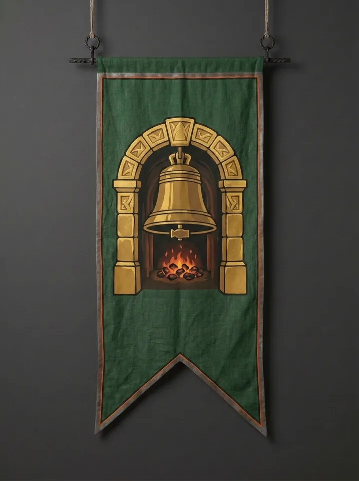 The banner of Belgrund: A great bronze bell hung in a mountain gate-arch, its clapper replaced by a smith's hammer, embers glowing in the tunnel behind.