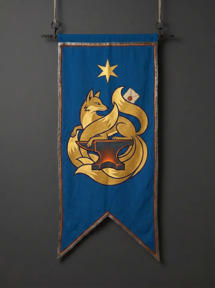 The banner of Utagitsu: A nine-tailed fox curled around a cooling anvil, one tail raised to shield a folded letter from view, a single star above.