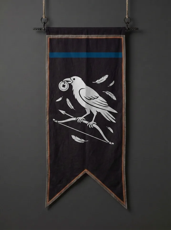 The banner of Yatagaru: A three-legged crow standing on a strung war-bow, a pierced coin held in its beak, wind-blown feathers scattered around it.