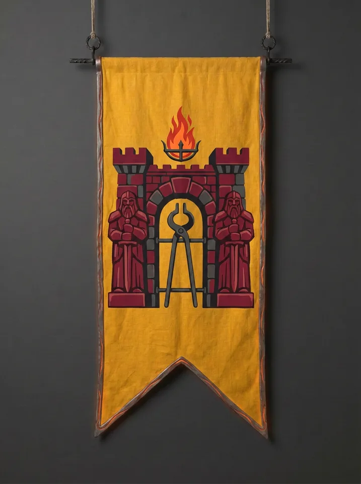 The banner of Karagunn: A mountain gate flanked by two carved stone sentinels, a smith's tongs barring it like a portcullis, a votive flame above the arch.