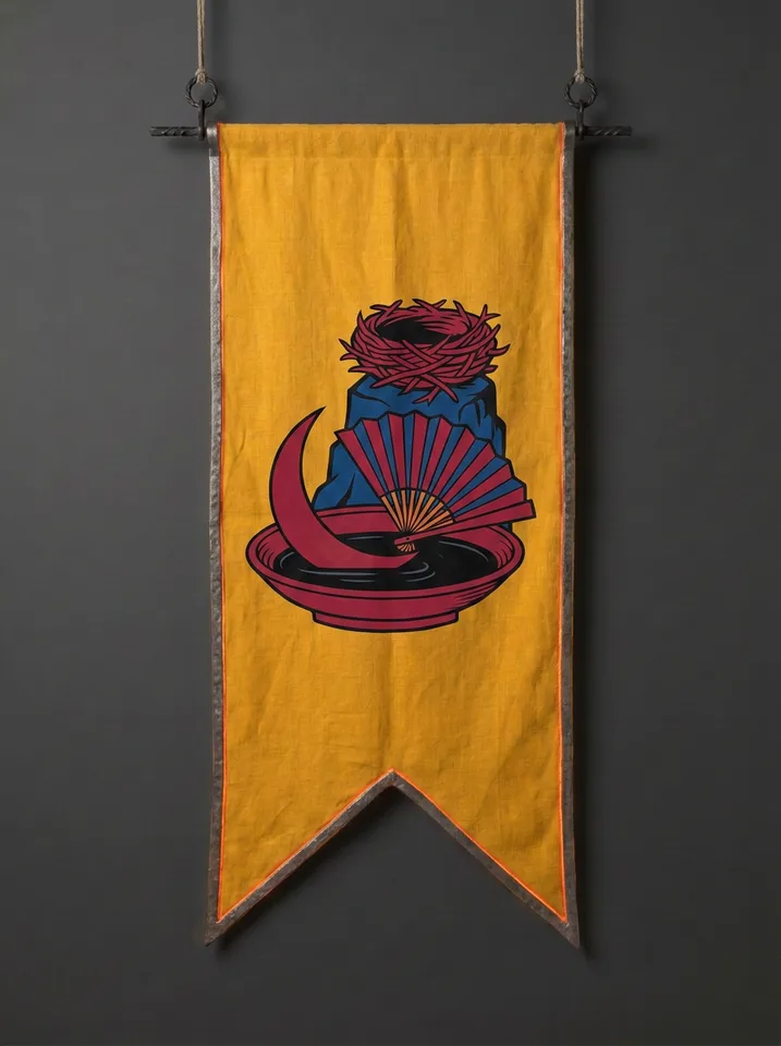 The banner of Sumizuki: A crescent moon reflected in a shallow dish of black ink, a folded court fan laid across the dish, a hawk's nest on a crag above.