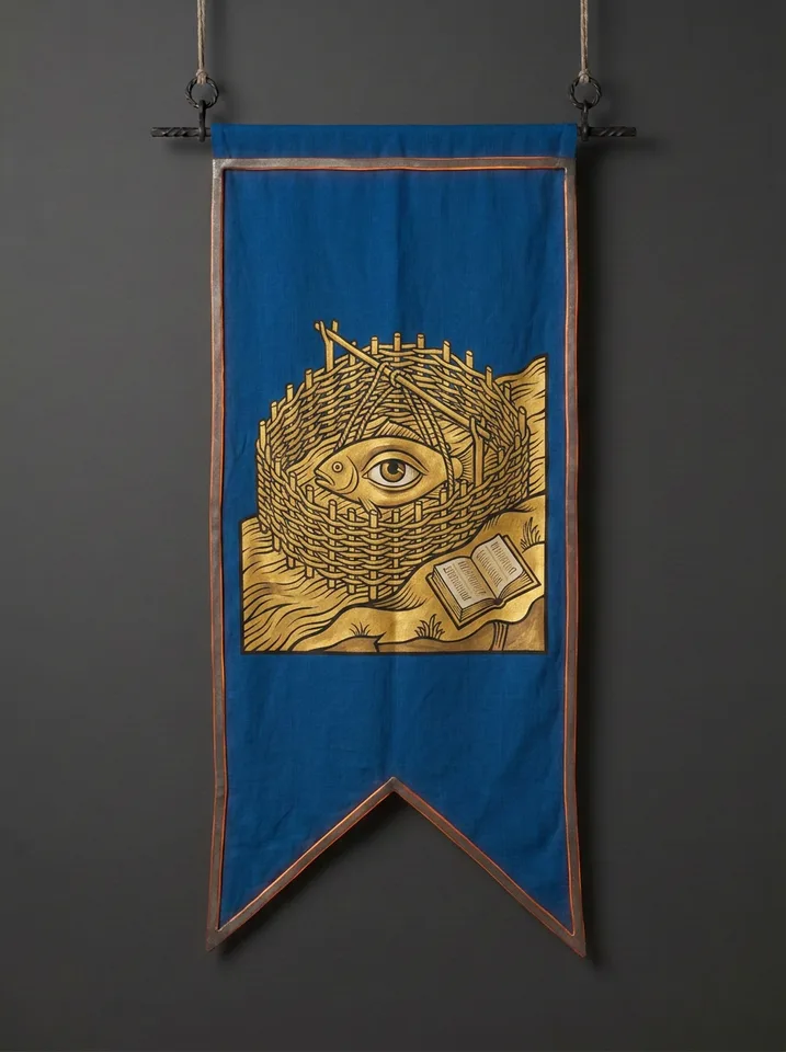 The banner of Prospern: A fish-weir of woven withies with a single human eye caught in it like a fish, an open ledger lying on the bank.