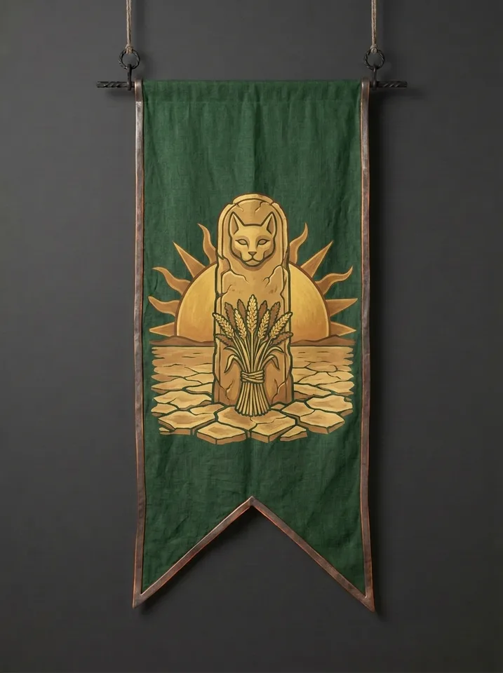 The banner of Meketri: A cat-headed boundary stele on cracked salt flats, a sheaf of sorghum bound to its base, a low sun behind.