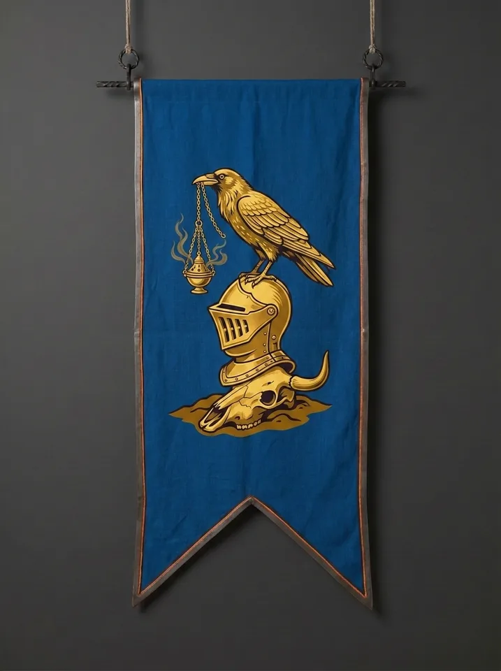 The banner of Corvane: A raven standing on an upturned cavalry helm, a censer swinging from its beak on a fine chain, an ox skull half buried below.