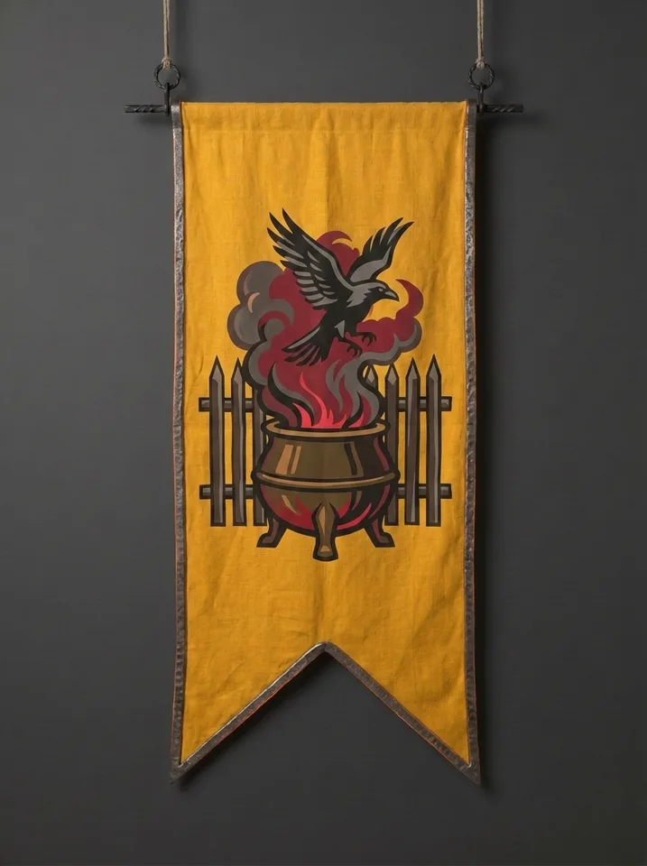 The banner of Brannhold: A brazier shaped like the mouth of a cauldron, one dark bird rising out of its smoke, a frontier stake fence behind.
