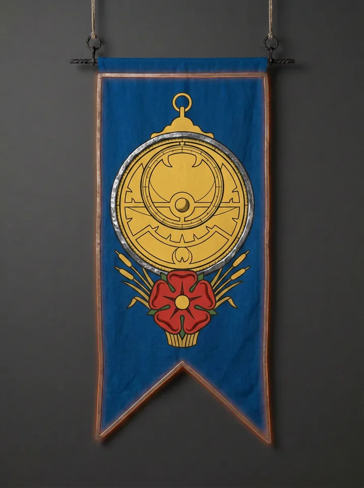 The banner of Draveholt: A scholar's astrolabe with one of its rings replaced by a forged iron hoop still bright from the hammer, rushes below, a five-petalled rose at the base.
