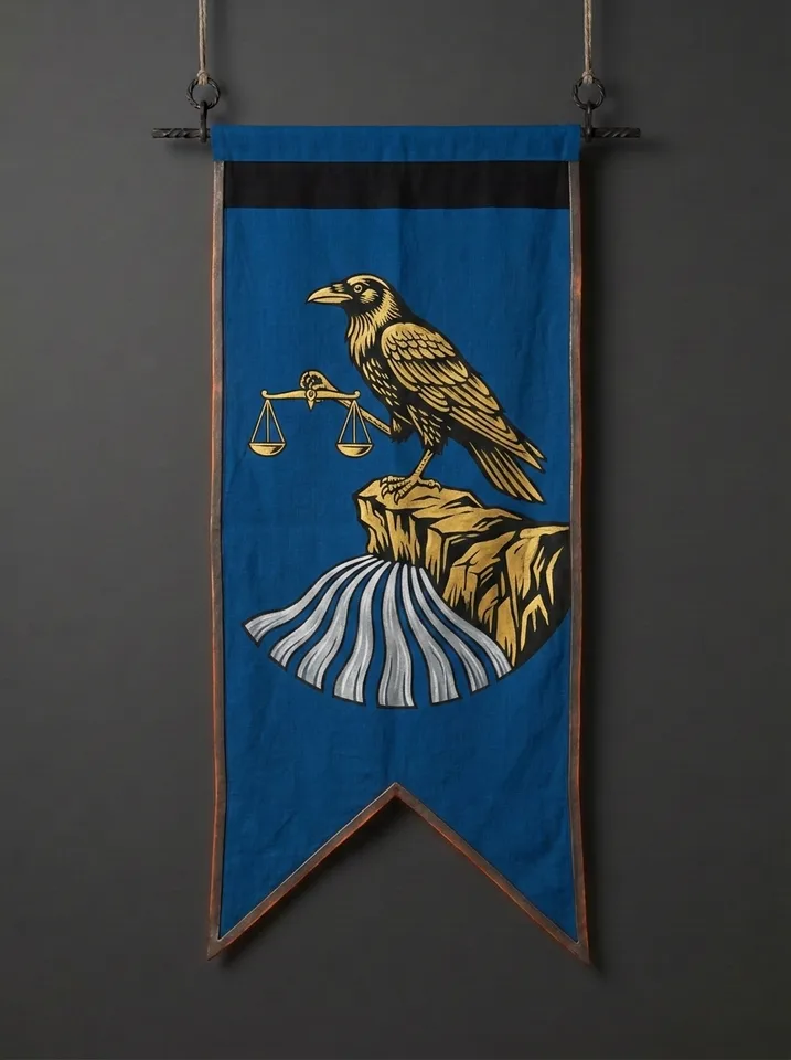 The banner of Ravenscarp: A raven perched on a cliff scarp above nine converging silver streams, holding a balance-beam perfectly level in its claws.