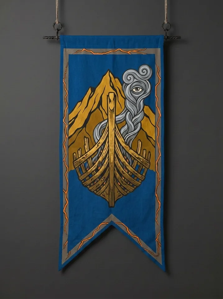 The banner of Emberkeel: The keel of a burnt ship standing upright like a rib-cage with embers still in its timbers, one watching eye in the smoke, a mountain behind.