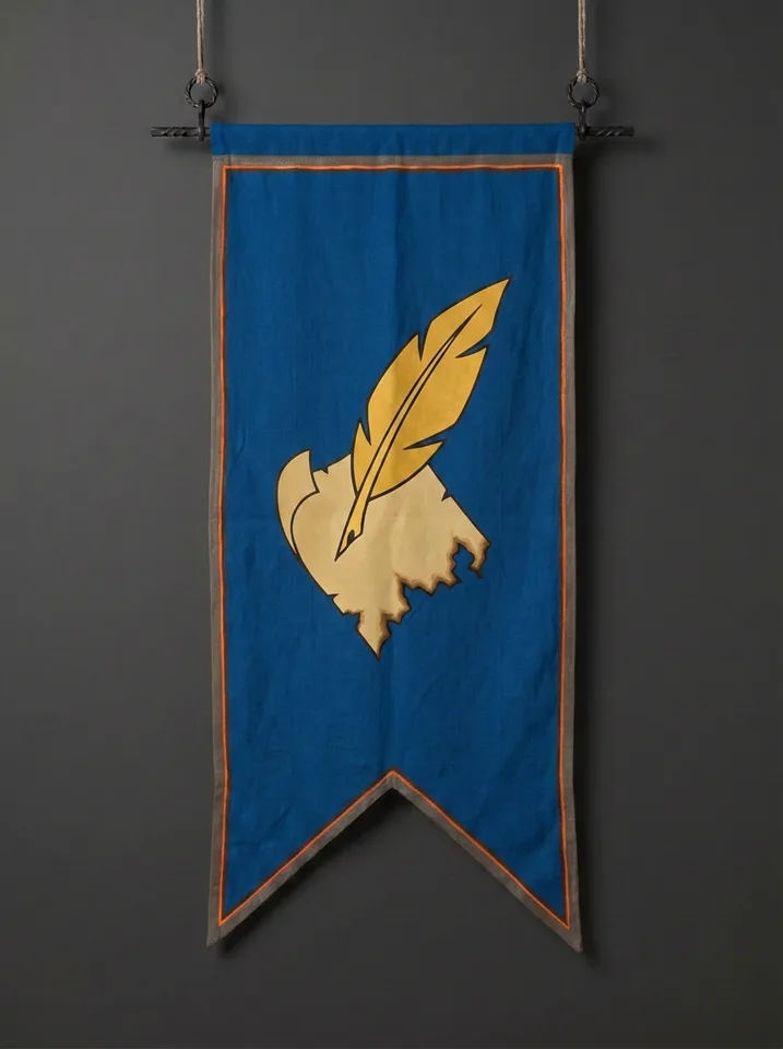 The banner of Cuiveril: A quill cut from an ash leaf writing on a suspended sheet of vellum, the vellum's lower edge burnt away to nothing.