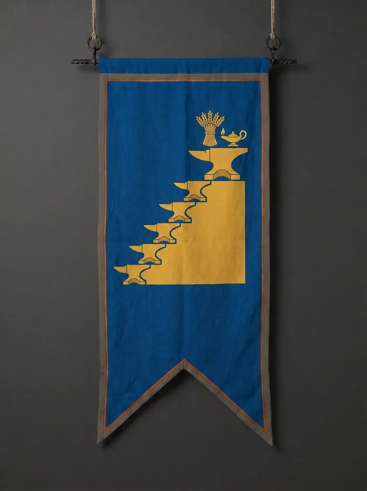 The banner of Gundvarr: A stair cut into a mountainside where every step is a stone anvil, a sheaf of grain and a votive lamp set together on the topmost step.