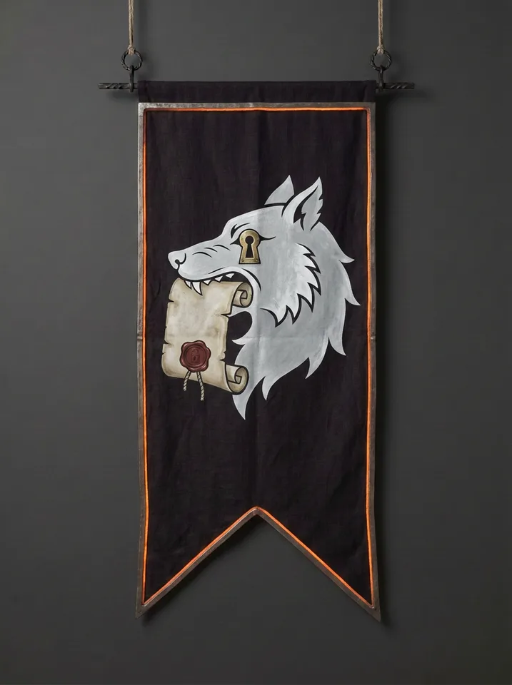 The banner of Kaldwyn: A grey wolf's head in profile with a wax-sealed writ clenched in its jaws, a keyhole where its eye should be.