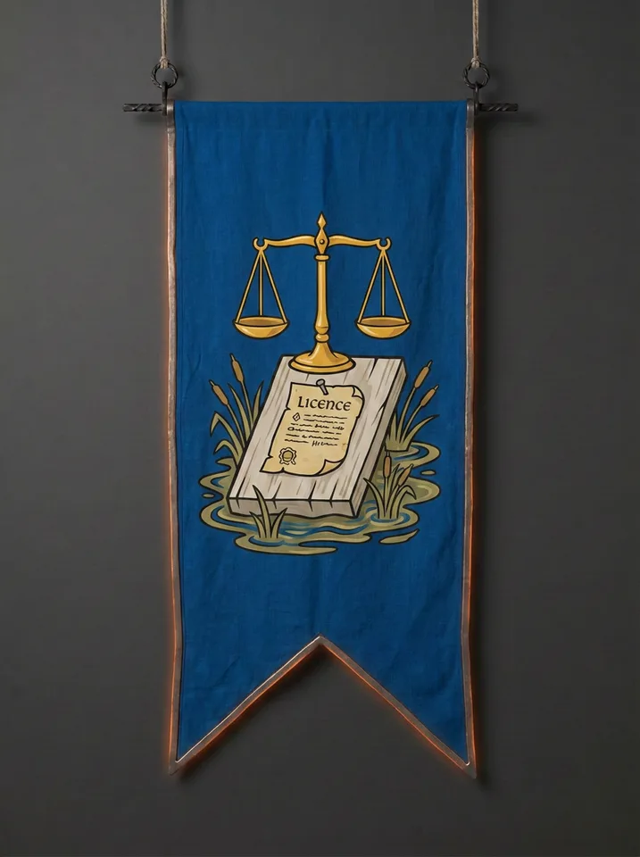 The banner of Ashgrave: A grave slab of pale ash wood with a licence nailed to it, a set of brass scales standing upright on the slab, fen water around its base.