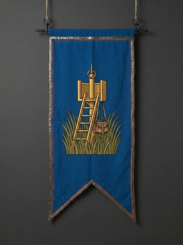 The banner of Halvresk: A frontier watch-post half swallowed by tall grass, a purse hanging from its ladder, one small iron ring slipped over the post's spike.