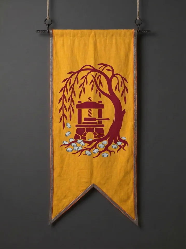 The banner of Erevanth: A willow bending over a stone mint-press, silver coins scattered among its roots like fallen leaves.