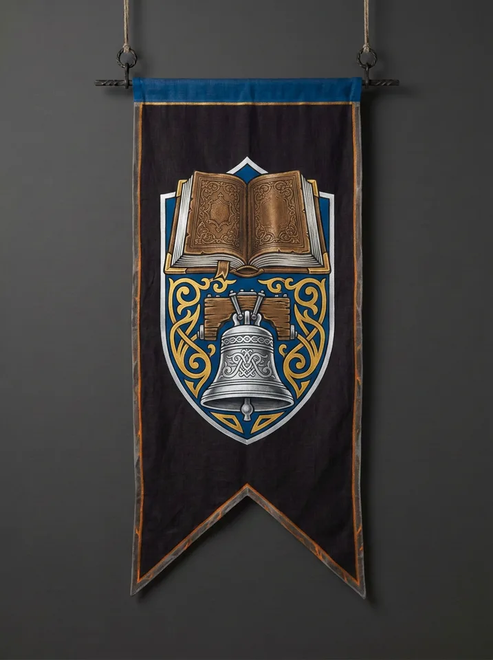 The banner of Ferrovane: An iron weathervane cut in the shape of an open book, turning above a road-toll bell.