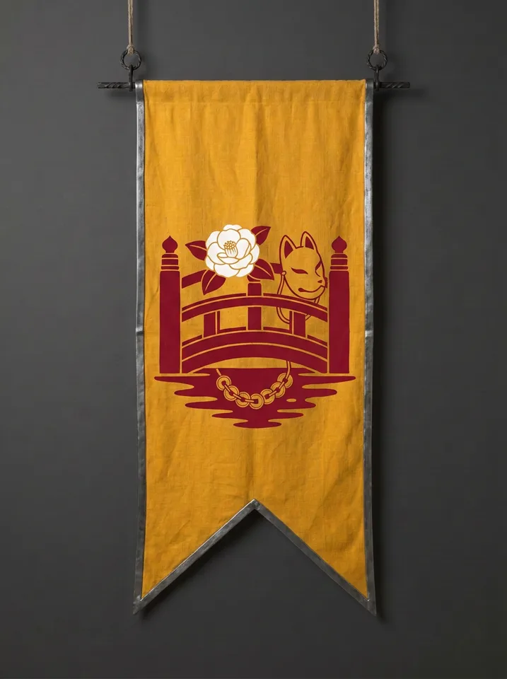 The banner of Shizuhana: A white camellia blooming on the rail of a red bridge, a fox mask lying face-down beside it, a string of coins in the still water below.