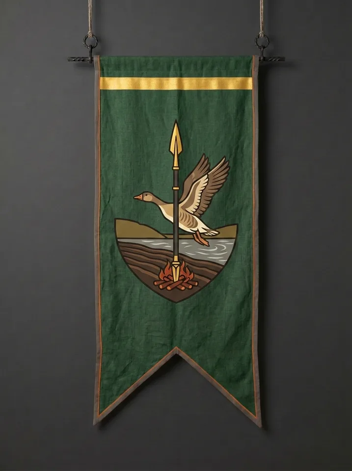 The banner of Emberlin: A war-spear planted upright in a ploughed furrow with embers banked at its foot, a goose rising from the ford behind.
